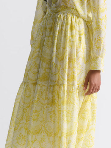 Toile de Jouy Sun Print White and Lemon Yellow Mid-Length Skirt - Branna Couture