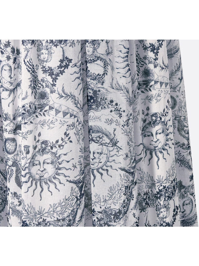 Toile de Jouy Sun Printed Cotton Voile White and Navy Blue Flared Mid-Length Skirt - Branna Couture