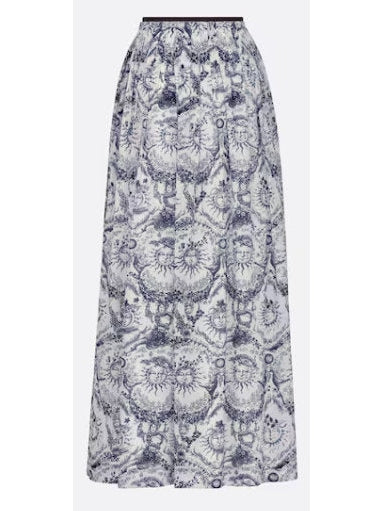 Toile de Jouy Sun Printed Cotton Voile White and Navy Blue Flared Mid-Length Skirt - Branna Couture