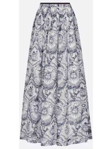 Toile de Jouy Sun Printed Cotton Voile White and Navy Blue Flared Mid-Length Skirt - Branna Couture