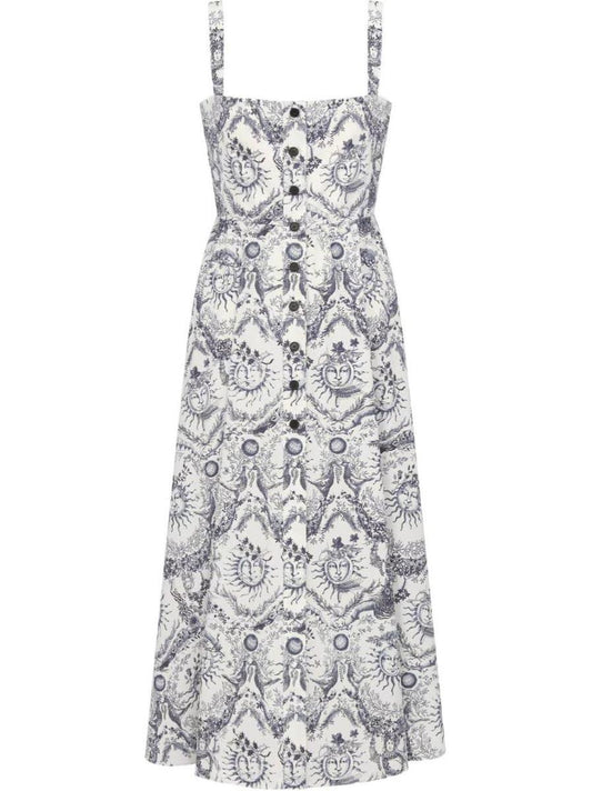 Toile de Jouy Soleil Motif Flared Mid-Length Dress