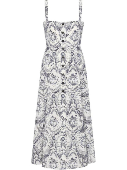Toile de Jouy Soleil Motif Flared Mid-Length Dress