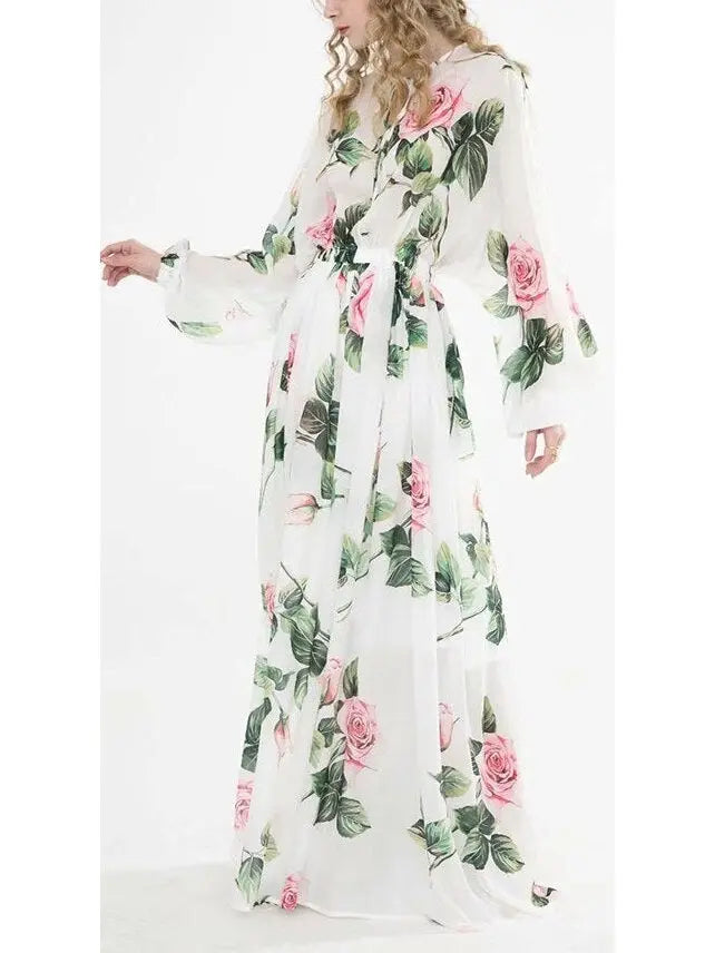 Tropical Rose Print Chiffon Maxi Dress - Branna Couture