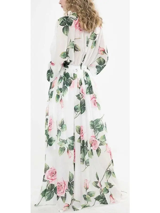 Tropical Rose Print Chiffon Maxi Dress - Branna Couture