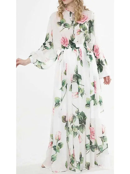 Tropical Rose Print Chiffon Maxi Dress - Branna Couture