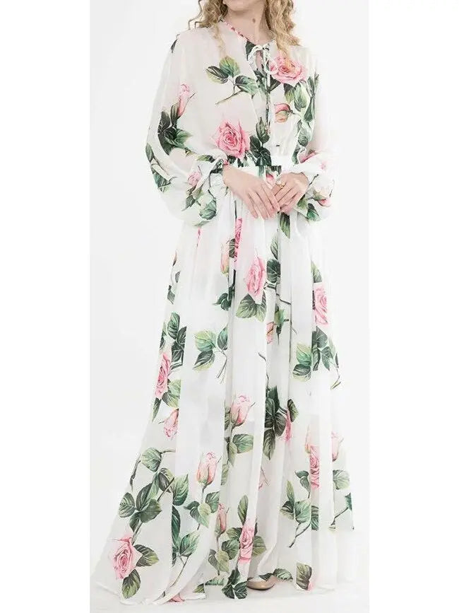 Tropical Rose Print Chiffon Maxi Dress - Branna Couture