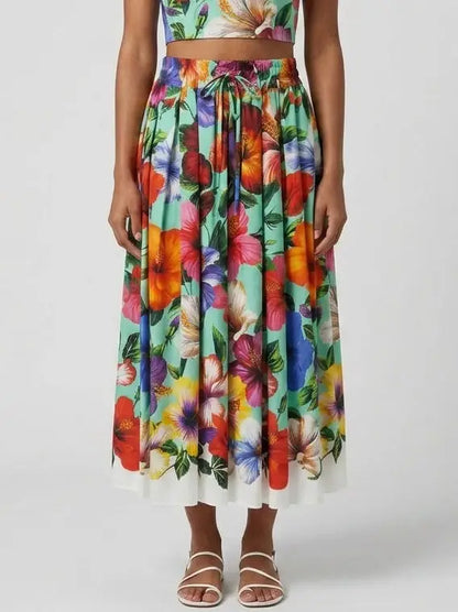 Tropical Floral Cotton Midi Skirt - S - Skirts