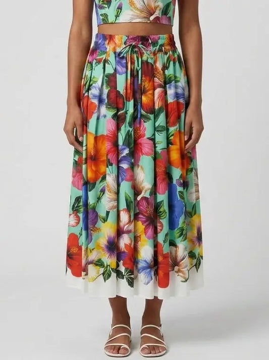 Tropical Floral Cotton Midi Skirt - S - Skirts