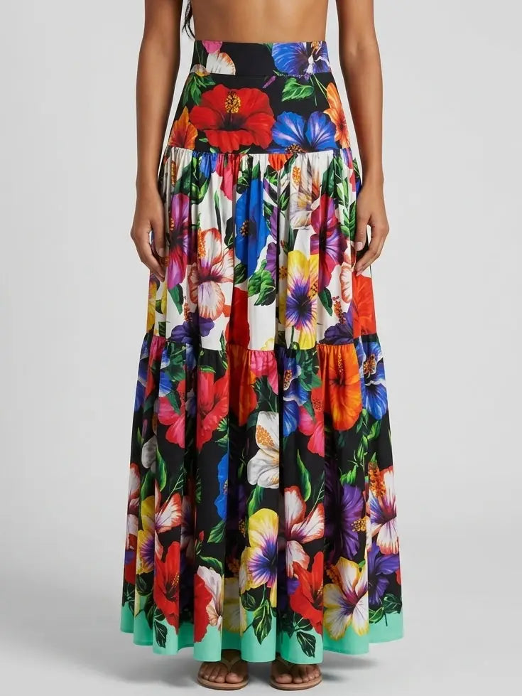 Tropical Floral Cotton Tiered Maxi Skirt - S - Skirts