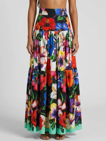 Tropical Floral Cotton Tiered Maxi Skirt - S - Skirts
