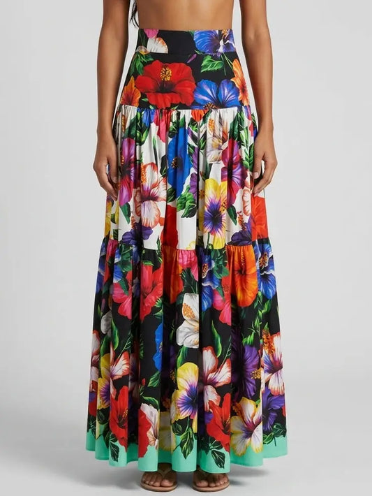 Tropical Floral Cotton Tiered Maxi Skirt - S - Skirts