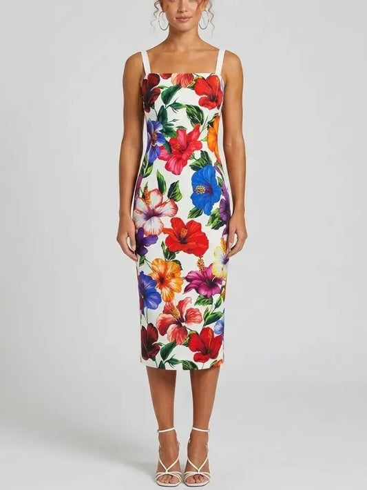 Tropical Floral Silk Sheath Midi Dress - Dresses