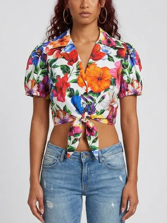 Tropical Floral Tie-Front Cotton Crop Shirt - S / White - Tops