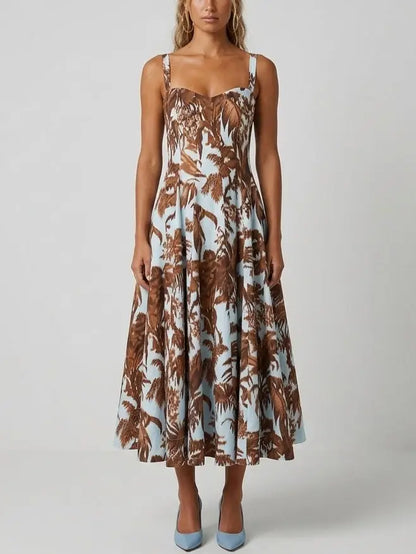 Tropical Print Cotton Fit and Flare Midi Dress - S - Dresses