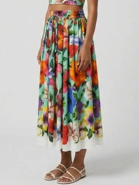 Tropical Floral Cotton Midi Skirt - Skirts
