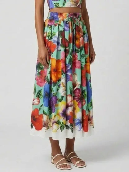 Tropical Floral Cotton Midi Skirt - Skirts