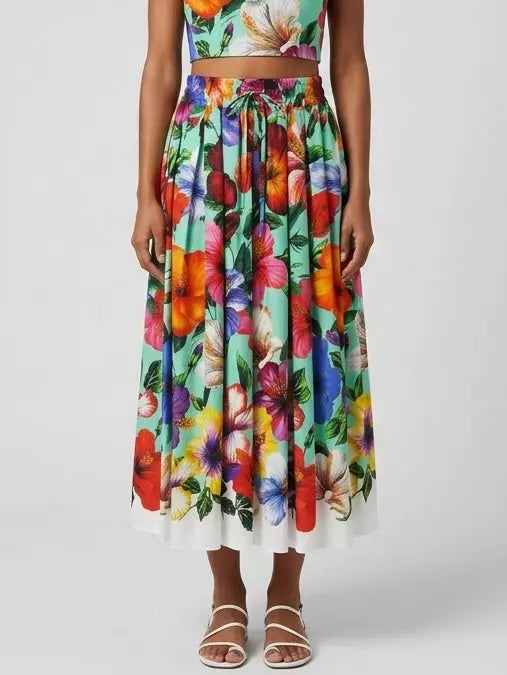Tropical Floral Cotton Midi Skirt - Skirts