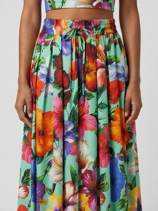 Tropical Floral Cotton Midi Skirt - Skirts