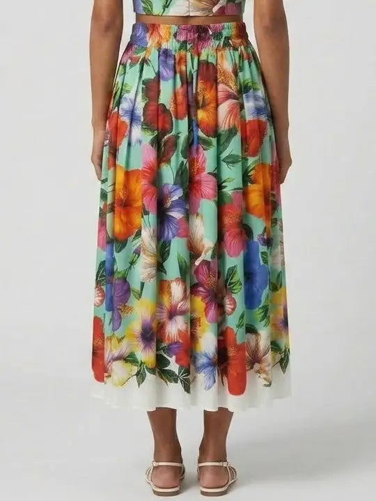 Tropical Floral Cotton Midi Skirt - Skirts