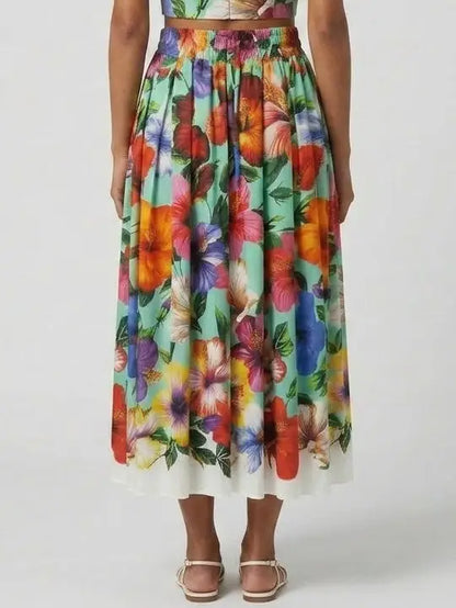 Tropical Floral Cotton Midi Skirt - Skirts