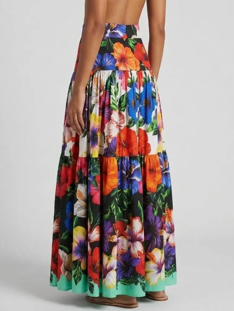 Tropical Floral Cotton Tiered Maxi Skirt - Skirts