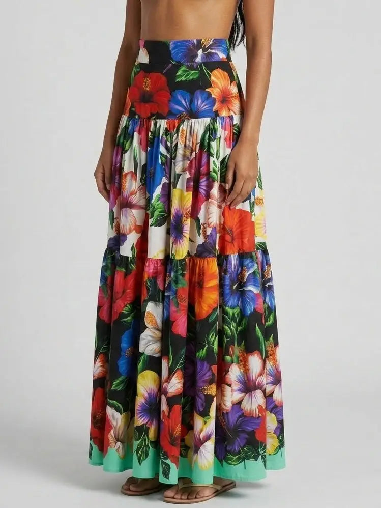 Tropical Floral Cotton Tiered Maxi Skirt - Skirts