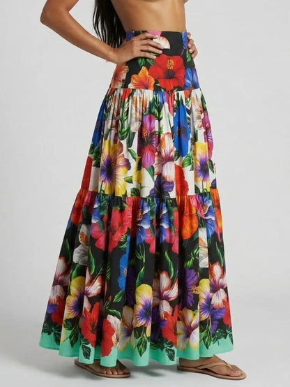 Tropical Floral Cotton Tiered Maxi Skirt - Skirts