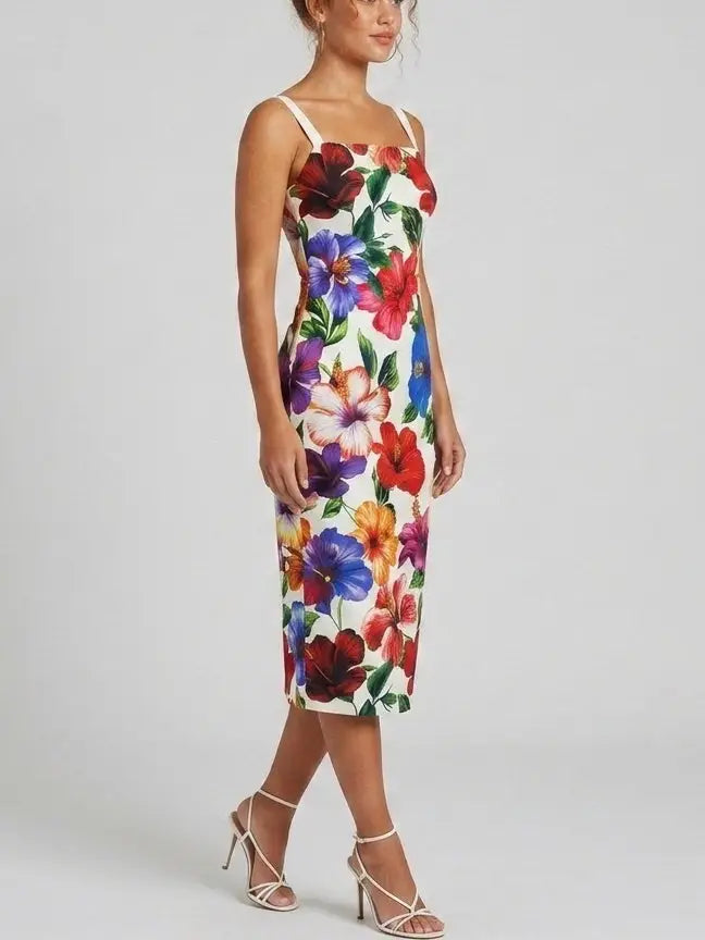 Tropical Floral Silk Sheath Midi Dress - Dresses