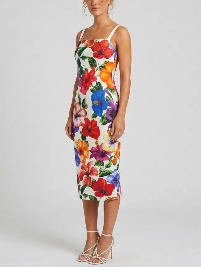 Tropical Floral Silk Sheath Midi Dress - Dresses