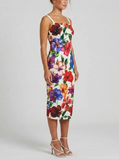 Tropical Floral Silk Sheath Midi Dress - Dresses