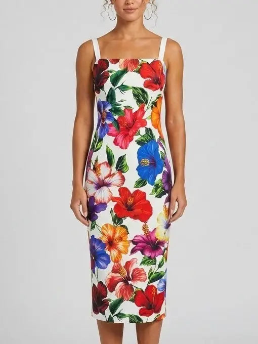 Tropical Floral Silk Sheath Midi Dress - Dresses