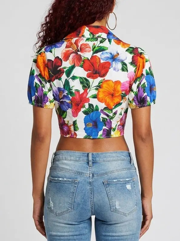 Tropical Floral Tie-Front Cotton Crop Shirt - Tops