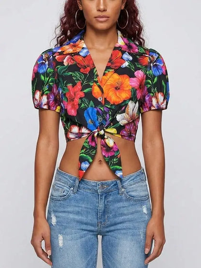 Tropical Floral Tie-Front Cotton Crop Shirt - S / Black - Tops
