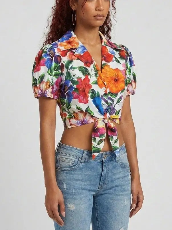 Tropical Floral Tie-Front Cotton Crop Shirt - Tops