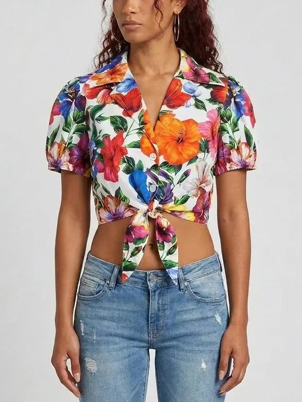 Tropical Floral Tie-Front Cotton Crop Shirt - Tops