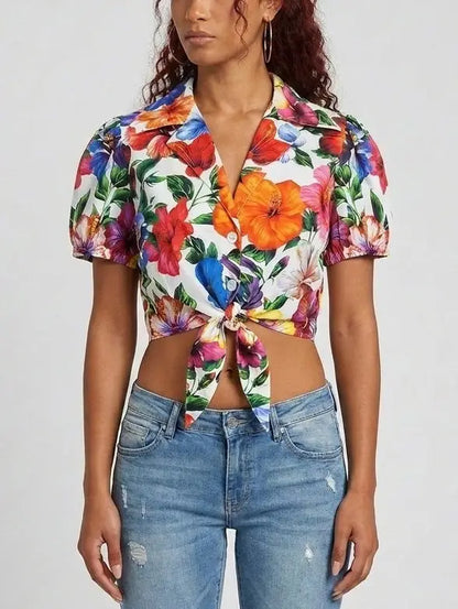 Tropical Floral Tie-Front Cotton Crop Shirt - Tops