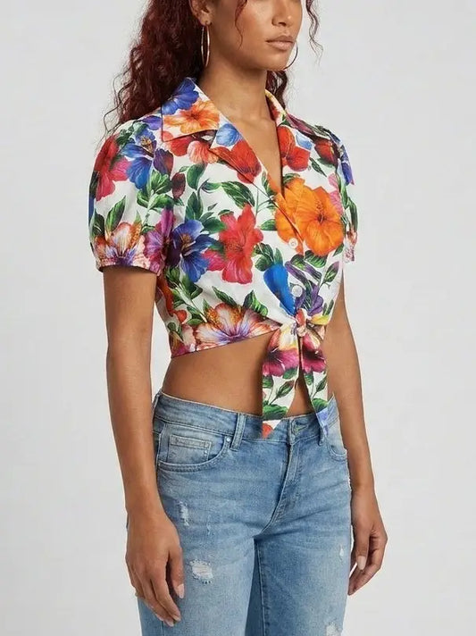 Tropical Floral Tie-Front Cotton Crop Shirt - Tops