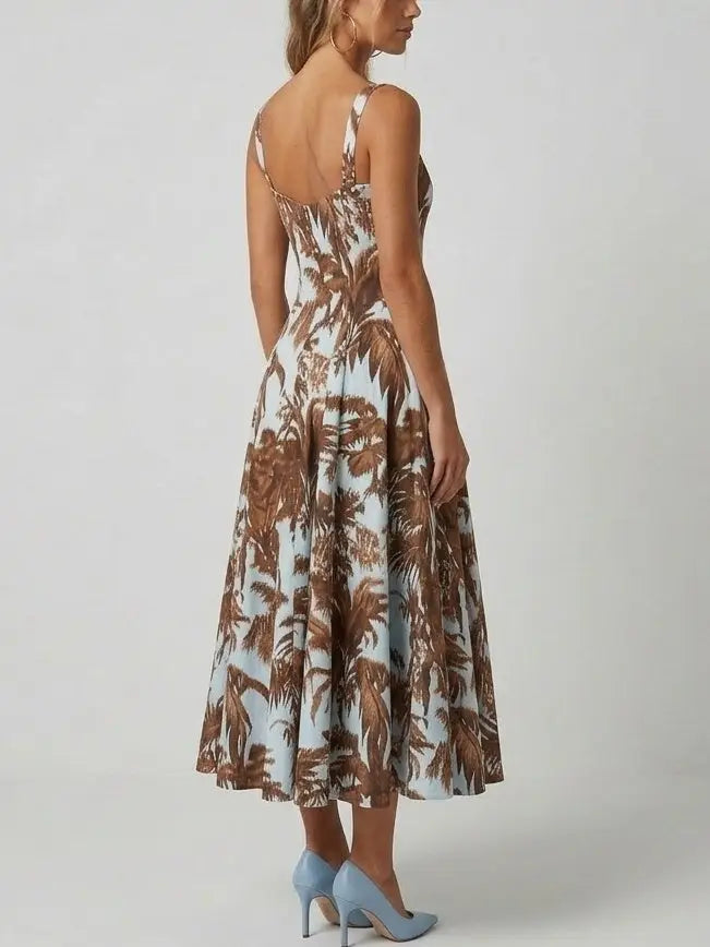 Tropical Print Cotton Fit and Flare Midi Dress - Dresses