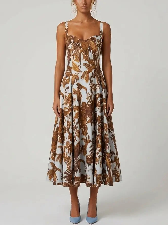 Tropical Print Cotton Fit and Flare Midi Dress - Dresses