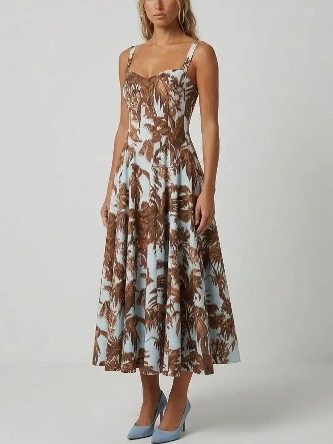 Tropical Print Cotton Fit and Flare Midi Dress - Dresses