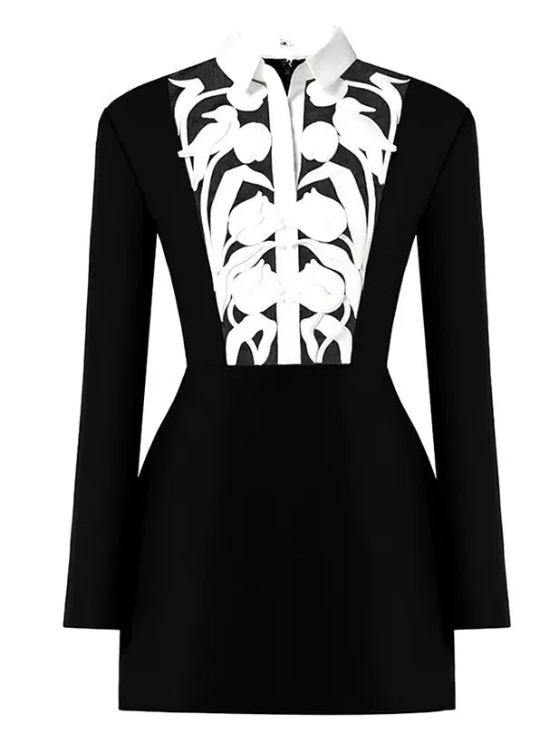 Tulip-Detail Bicolor A-Line Dress with Shirt-Collar Branna Couture