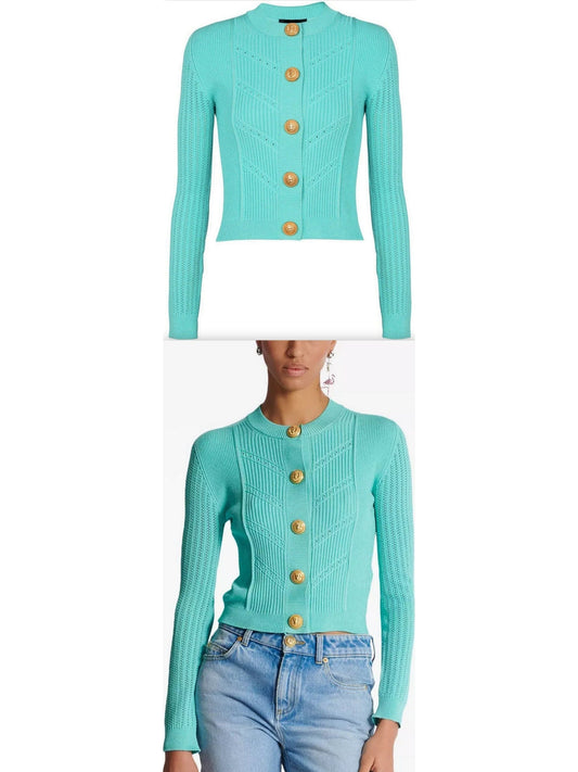 Turquoise Knit Button-Embossed Cardigan - Branna Couture