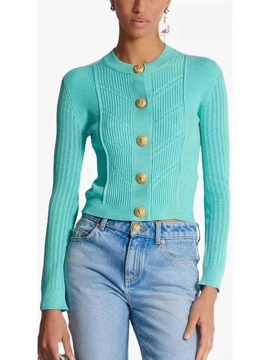 Turquoise Knit Button-Embossed Cardigan - Branna Couture