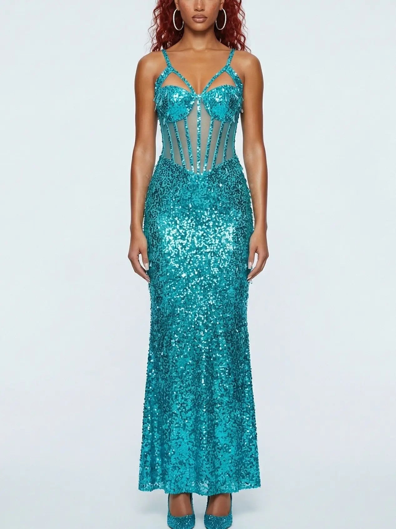 Turquoise Sequin Corset Maxi Dress - Small - Dresses