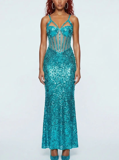 Turquoise Sequin Corset Maxi Dress - Dresses