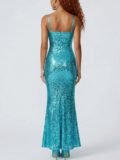 Turquoise Sequin Corset Maxi Dress - Dresses