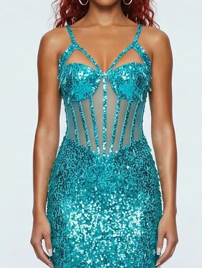 Turquoise Sequin Corset Maxi Dress - Dresses