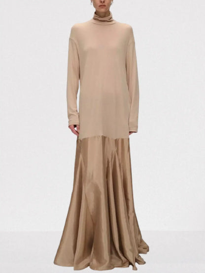 Turtleneck Jersey and Satin Flared Maxi Dress - Small / Beige - Dresses