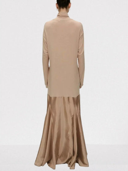 Turtleneck Jersey and Satin Flared Maxi Dress - Dresses