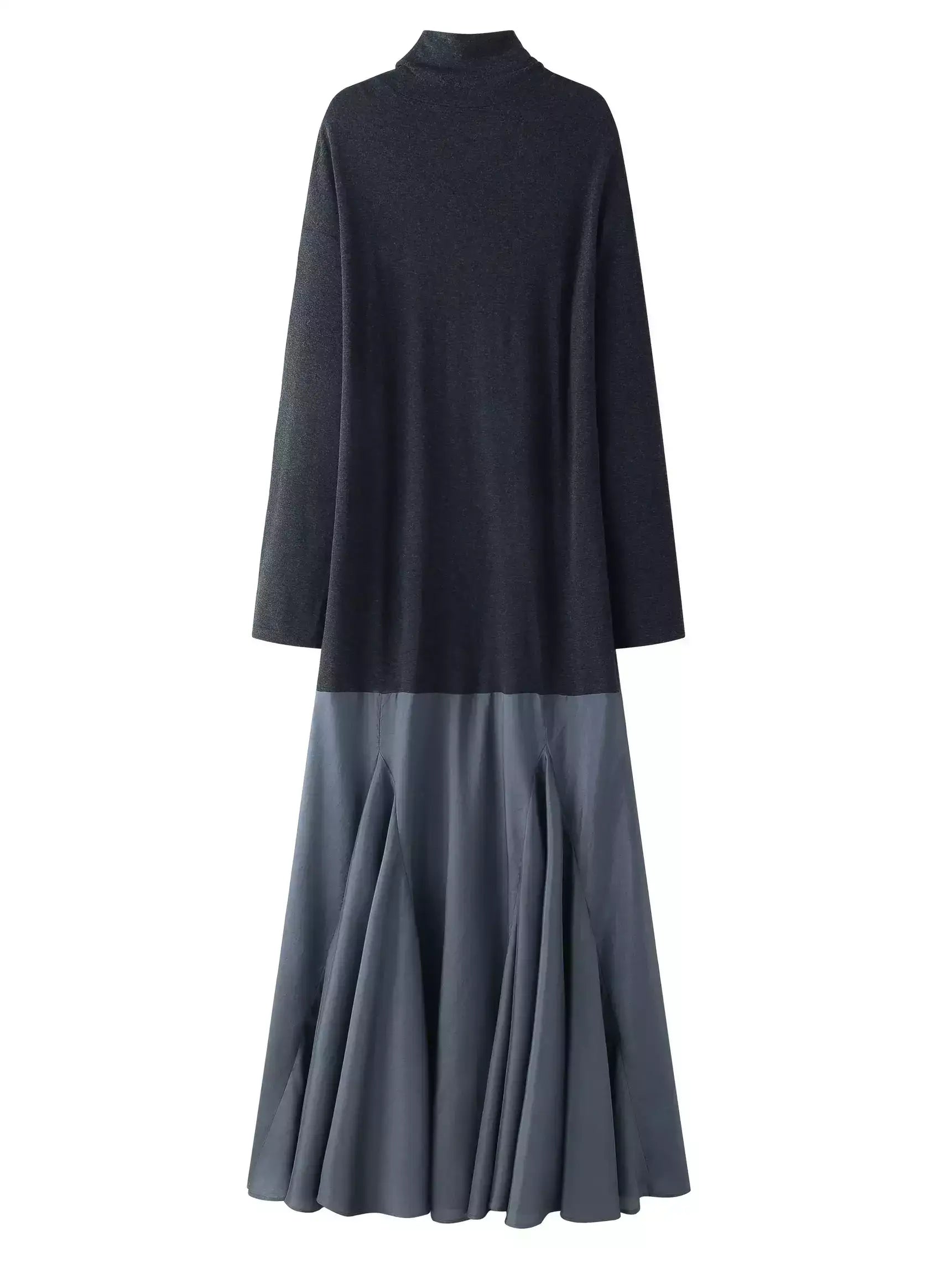 Turtleneck Jersey and Satin Flared Maxi Dress - Dresses